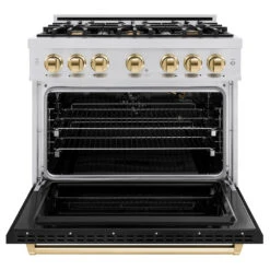 ZLINE Autograph Edition 36 In. 5.2 Cu. Ft. Classic Gas Range With 6 Burner Cooktop And Convection Gas Oven In Stainless Steel With Black Matte Door And Polished Gold Accents (CGRZ-BLM-36-G)(Zline Autograph Edition 36 Classic Gas Range Stainless Steel Black Matte Polished Gold Cgrz Blm 36 G) -Induction Cooktop Store zline classic stainless steel gas range autograph edition polished gold CGRZ BLM 36 G front open