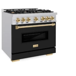 ZLINE Autograph Edition 36 In. 5.2 Cu. Ft. Classic Gas Range With 6 Burner Cooktop And Convection Gas Oven In Stainless Steel With Black Matte Door And Polished Gold Accents (CGRZ-BLM-36-G)(Zline Autograph Edition 36 Classic Gas Range Stainless Steel Black Matte Polished Gold Cgrz Blm 36 G) -Induction Cooktop Store zline classic stainless steel gas range autograph edition polished gold CGRZ BLM 36 G main