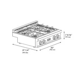 ZLINE 30 In. Classic Gas Rangetop With 4 Burner DuoPro™ Cooktop In Stainless Steel (PCRT30)(Zline 30 Classic Gas Rangetop Duopro Stainless Steel Pcrt30) -Induction Cooktop Store zline classic stainless steel gas range top duopro cooktop PCRT30 dimensional diagram