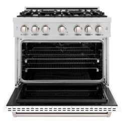 ZLINE 36 In. 5.2 Cu. Ft. Classic Gas Range With 6 Burner Cooktop And Convection Gas Oven In Stainless Steel With White Matte Door (CGR-WM-36)(Zline 36 Classic Gas Range Stainless Steel White Matte Cgr Wm 36) 13 ZLINE 36 In. 5.2 Cu. Ft. Classic Gas Range With 6 Burner Cooktop And Convection Gas Oven In Stainless Steel With White Matte Door (CGR-WM-36)(Zline 36 Classic Gas Range Stainless Steel White Matte Cgr Wm 36) -Induction Cooktop Store zline classic stainless steel white matte gas range CGR WM 36 front open