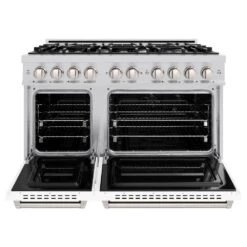 ZLINE 48 In. 6.7 Cu. Ft. Classic Double Oven Gas Range With 8 Burner Cooktop In Stainless Steel With White Matte Doors (CGR-WM-48)(Zline 48 Classic Gas Range Stainless Steel White Matte Cgr Wm 48) 12 ZLINE 48 In. 6.7 Cu. Ft. Classic Double Oven Gas Range With 8 Burner Cooktop In Stainless Steel With White Matte Doors (CGR-WM-48)(Zline 48 Classic Gas Range Stainless Steel White Matte Cgr Wm 48) -Induction Cooktop Store zline classic stainless steel white matte gas range CGR WM 48 front open