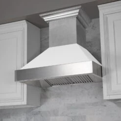 ZLINE 30 In. Ducted Satin Stainless Steel Wall Mount Range Hood With White Matte Shell (8654WM-30)(Zline 30 Wall Mount Range Hood Satin Stainless Steel White Matte 8654wm 30) -Induction Cooktop Store zline durasnow stainless steel range hood with white matte shell 8654wm range hoods zline kitchen and bath 797498