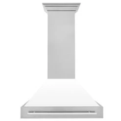 ZLINE 36 In. Satin Stainless Steel Wall Mount Range Hood With White Matte Shell And Stainless Steel Handle (8654SNX-WM-36)(Zline 36 Wall Mount Range Hood Satin Stainless Steel White Matte 8654snx Wm 36) -Induction Cooktop Store zline durasnow stainless steel wall mounted range hood 8654SNX WM36 front