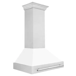 ZLINE 36 In. Satin Stainless Steel Wall Mount Range Hood With White Matte Shell And Stainless Steel Handle (8654SNX-WM-36)(Zline 36 Wall Mount Range Hood Satin Stainless Steel White Matte 8654snx Wm 36) -Induction Cooktop Store zline durasnow stainless steel wall mounted range hood 8654SNX WM36 side