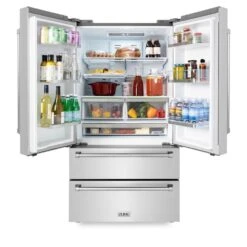 ZLINE 36 In. 22.5 Cu. Ft. Counter-Depth French Door Refrigerator With Ice Maker In Fingerprint-Resistant Stainless Steel (RFM-36)(Zline 36 Counter Depth Refrigerator Stainless Steel Rfm 36) -Induction Cooktop Store zline french door refrigerator RFM 36 front open with food 2ecbc1f2 89ab 4e36 b831 36006b452402