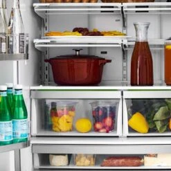 ZLINE 36 In. 22.5 Cu. Ft. Counter-Depth French Door Refrigerator With Ice Maker In Fingerprint-Resistant Stainless Steel (RFM-36)(Zline 36 Counter Depth Refrigerator Stainless Steel Rfm 36) -Induction Cooktop Store zline french door refrigerator RFM 36 open door food detail 1 d415ae6f 9187 4fe6 9260 6beea7e1f6c9