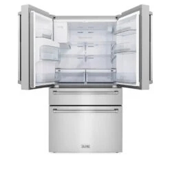 ZLINE 36 In. 21.6 Cu. Ft. Counter-Depth French Door Refrigerator With Water And Ice Dispenser In Fingerprint-Resistant Stainless Steel (RFM-W-36)(Zline 36 Counter Depth Refrigerator Stainless Steel Rfm W 36) -Induction Cooktop Store zline french door refrigerator RFM W 36 front open