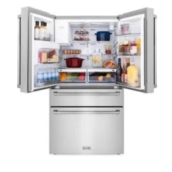 ZLINE 36 In. 21.6 Cu. Ft. Counter-Depth French Door Refrigerator With Water And Ice Dispenser In Fingerprint-Resistant Stainless Steel (RFM-W-36)(Zline 36 Counter Depth Refrigerator Stainless Steel Rfm W 36) -Induction Cooktop Store zline french door refrigerator RFM W 36 front open with food