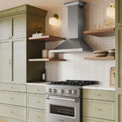 ZLINE 30 In. Convertible Vent Wall Mount Range Hood In Stainless Steel With Crown Molding (KBCRN-30)(Zline 30 Wall Mount Range Hood Stainless Steel Crown Molding Kbcrn 30) -Induction Cooktop Store zline lifestyle CGR BR 30 KBCRN 30 green white kitchen angled