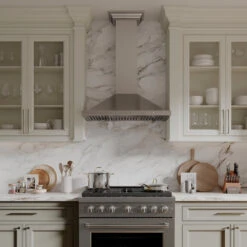 ZLINE 36 In. Convertible Vent Wall Mount Range Hood In Stainless Steel With Crown Molding (KBCRN-36)(Zline 36 Wall Mount Range Hood Stainless Steel Crown Molding Kbcrn 36) 15 ZLINE 36 In. Convertible Vent Wall Mount Range Hood In Stainless Steel With Crown Molding (KBCRN-36)(Zline 36 Wall Mount Range Hood Stainless Steel Crown Molding Kbcrn 36) -Induction Cooktop Store zline lifestyle KBCRN 36 SGR 36 CWSETL ST 10 KSETT GS 15 green marble kitchen 2