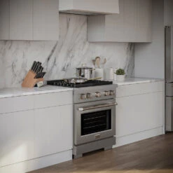 ZLINE 30 In. 4.2 Cu. Ft. Paramount Gas Range With 4 Burner DuoPro™ Cooktop And Convection Gas Oven In Stainless Steel (PSGR30)(Zline 30 Paramount Gas Range Duopro Stainless Steel Psgr30) -Induction Cooktop Store zline lifestyle PSGR30 PSDR30 CWSETL ST 10 white kitchen angled