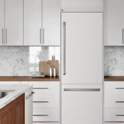 ZLINE 30 In. 16.1 Cu. Ft. Built-In Bottom Freezer Refrigerator With Water Dispenser And Ice Maker In White Matte With Graphite Gray Interior (GRBIV-WM-30)(Zline 30 Built In Refrigerator White Matte Graphite Gray Grbiv Wm 30) -Induction Cooktop Store zline lifestyle RBIV WM 30 GRBIV WM 30 DWMT WM 24 wood white kitchen