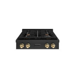ZLINE Autograph Edition 30 In. Paramount Gas Rangetop With 4 Burners And Porcelain Cooktop In Black Stainless Steel With Polished Gold Accents (SRTBZ-30-G)(Zline Autograph Edition 30 Paramount Gas Rangetop Black Stainless Steel Polished Gold Srtbz 30 G)