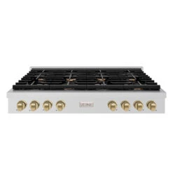 ZLINE Autograph Edition 48 In. Paramount Gas Rangetop With 8 Burners And Porcelain Cooktop In Stainless Steel With Champagne Bronze Accents (SRTZ-48-CB)(Zline Autograph Edition 48 Paramount Gas Rangetop Stainless Steel Champagne Bronze Srtz 48 Cb)