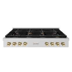 ZLINE Autograph Edition 48 In. Paramount Gas Rangetop With 8 Burners And Porcelain Cooktop In Stainless Steel With Polished Gold Accents (SRTZ-48-G)(Zline Autograph Edition 48 Paramount Gas Rangetop Stainless Steel Polished Gold Srtz 48 G)
