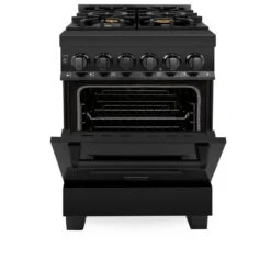 ZLINE 24 In. 2.8 Cu. Ft. Legacy Dual Fuel Range With Gas Cooktop And Electric Convection Oven In Black Stainless Steel With 4 Brass Burners (RAB-BR-24)(Zline 24 Legacy Dual Fuel Range Black Stainless Steel Brass Burners Rab Br 24) -Induction Cooktop Store zline professional black stainless steel range RAB 24 front half open 777a7f5b 81dd 4d2c a77d 9edf55cb7978