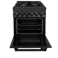 ZLINE 24 In. 2.8 Cu. Ft. Legacy Dual Fuel Range With Gas Cooktop And Electric Convection Oven In Black Stainless Steel With 4 Brass Burners (RAB-BR-24)(Zline 24 Legacy Dual Fuel Range Black Stainless Steel Brass Burners Rab Br 24) -Induction Cooktop Store zline professional black stainless steel range RAB 24 front open 212eceb9 e542 4acc 8250 5616585101b3