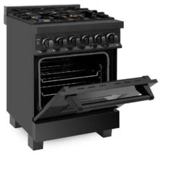 ZLINE 24 In. 2.8 Cu. Ft. Legacy Dual Fuel Range With Gas Cooktop And Electric Convection Oven In Black Stainless Steel With 4 Brass Burners (RAB-BR-24)(Zline 24 Legacy Dual Fuel Range Black Stainless Steel Brass Burners Rab Br 24) -Induction Cooktop Store zline professional black stainless steel range RAB 24 side half open 5d427a28 79b2 481a 9f0f abc89f77df4f
