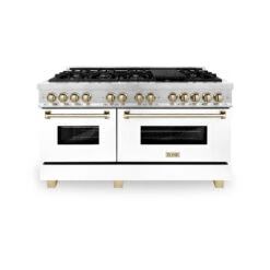 ZLINE Autograph Edition 60 In. 7.4 Cu. Ft. Legacy Dual Fuel Range With 9 Burner Gas Cooktop And 2 Electric Convection Ovens In Stainless Steel With White Matte Doors And Polished Gold Accents (RAZ-WM-60-G)(Zline Autograph Edition 60 Legacy Dual Fuel Range Stainless Steel White Matte Gold Raz Wm 60 G) -Induction Cooktop Store zline professional durasnow dual fuel range RASZ WM 60 G front 2a4dc938 f576 48cf 9807 0002cb6c9ee0