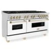ZLINE Autograph Edition 60 In. 7.4 Cu. Ft. Legacy Dual Fuel Range With 9 Burner Gas Cooktop And 2 Electric Convection Ovens In Stainless Steel With White Matte Doors And Polished Gold Accents (RAZ-WM-60-G)(Zline Autograph Edition 60 Legacy Dual Fuel Range Stainless Steel White Matte Gold Raz Wm 60 G)