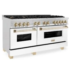 ZLINE Autograph Edition 60 In. 7.4 Cu. Ft. Legacy Dual Fuel Range With 9 Burner Gas Cooktop And 2 Electric Convection Ovens In Stainless Steel With White Matte Doors And Polished Gold Accents (RAZ-WM-60-G)(Zline Autograph Edition 60 Legacy Dual Fuel Range Stainless Steel White Matte Gold Raz Wm 60 G)