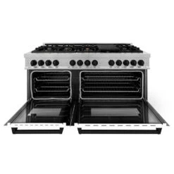 ZLINE Autograph Edition 60 In. 7.4 Cu. Ft. Legacy Dual Fuel Range With 9 Burner Gas Cooktop And 2 Electric Convection Ovens In Stainless Steel With White Matte Doors And Matte Black Accents (RAZ-WM-60-MB)(Zline Autograph Edition 60 Legacy Dual Fuel Range Stainless Steel White Matte Matte Black Raz Wm 60 Mb) -Induction Cooktop Store zline professional durasnow range RASZ WM 60 MB front open 2c46da9d dca7 4a21 a343 93e835798687