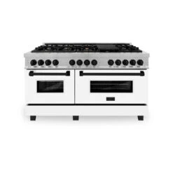 ZLINE Autograph Edition 60 In. 7.4 Cu. Ft. Legacy Dual Fuel Range With 9 Burner Gas Cooktop And 2 Electric Convection Ovens In Stainless Steel With White Matte Doors And Matte Black Accents (RAZ-WM-60-MB)(Zline Autograph Edition 60 Legacy Dual Fuel Range Stainless Steel White Matte Matte Black Raz Wm 60 Mb) -Induction Cooktop Store zline professional durasnow range RASZ WM 60 MB front 49982aa1 e826 4c29 9a4a c82149b070bf