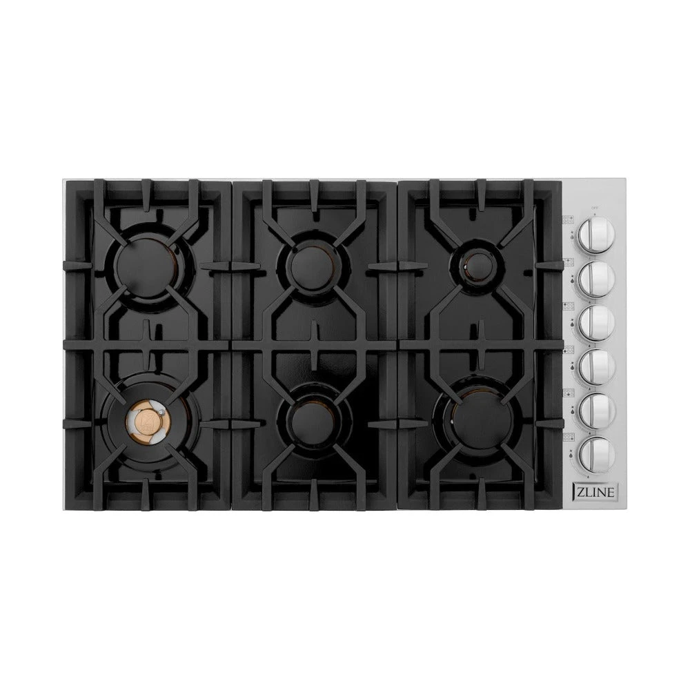 ZLINE 36 In. Gas Cooktop With 6 Brass Burners And Black Porcelain Top (RC-BR-36-PBT)(Zline 36 Gas Cooktop Stainless Steel Black Porcelain Brass Burners Rc Br 36 Pbt) 2 ZLINE 36 In. Gas Cooktop With 6 Brass Burners And Black Porcelain Top (RC-BR-36-PBT)(Zline 36 Gas Cooktop Stainless Steel Black Porcelain Brass Burners Rc Br 36 Pbt) - Image 2