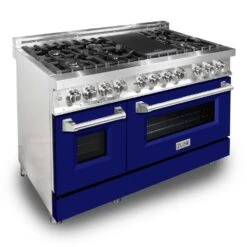 ZLINE 48 In. 6.0 Cu. Ft. Legacy Dual Fuel Range With 7 Burner Gas Cooktop And 2 Electric Ovens In Stainless Steel And Blue Matte Doors (RA-BM-48)(Zline 48 Legacy Dual Fuel Range Stainless Steel Blue Matte Ra Bm 48)
