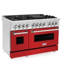 ZLINE 48 In. 6.0 Cu. Ft. Legacy Dual Fuel Range With 7 Burner Gas Cooktop And 2 Electric Ovens In Stainless Steel And Red Matte Doors (RA-RM-48)(Zline 48 Legacy Dual Fuel Range Stainless Steel Red Matte Ra Rm 48) -Induction Cooktop Store zline professional gas range RA RM 48 main