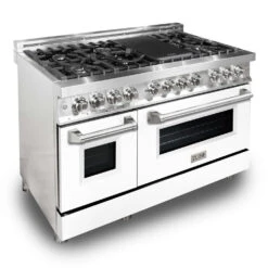 ZLINE 48 In. 6.0 Cu. Ft. Legacy Dual Fuel Range With 7 Burner Gas Cooktop And 2 Electric Ovens In Stainless Steel And White Matte Doors (RA-WM-48)(Zline 48 Legacy Dual Fuel Range Stainless Steel White Matte Ra Wm 48)