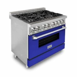 ZLINE 36 In. 4.6 Cu. Ft. Legacy Dual Fuel Range With 6 Burner Gas Cooktop And Electric Convection Oven In Stainless Steel And Blue Matte Door (RA-BM-36)(Zline 36 Legacy Dual Fuel Range Stainless Steel Blue Matte Ra Bm 36)