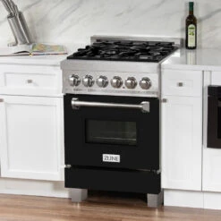 ZLINE 24 In. 2.8 Cu. Ft. Legacy Dual Fuel Range With 4 Burner Gas Cooktop And Electric Convection Oven In Satin Stainless Steel And Black Matte Door (RAS-BLM-24)(Zline 24 Legacy Dual Fuel Range Satin Stainless Steel Black Matte Ras Blm 24) 36 ZLINE 24 In. 2.8 Cu. Ft. Legacy Dual Fuel Range With 4 Burner Gas Cooktop And Electric Convection Oven In Satin Stainless Steel And Black Matte Door (RAS-BLM-24)(Zline 24 Legacy Dual Fuel Range Satin Stainless Steel Black Matte Ras Blm 24) -Induction Cooktop Store zline professional satin stainless steel black matte dual fuel range RAS BLM 24 side right white kitchen