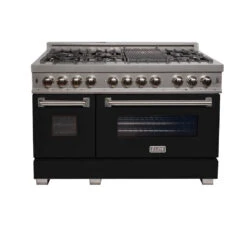 ZLINE 48 In. 6.0 Cu. Ft. Legacy Dual Fuel Range With 7 Burner Gas Cooktop And 2 Electric Ovens In Satin Stainless Steel And Black Matte Doors (RAS-BLM-48)(Zline 48 Legacy Dual Fuel Range Satin Stainless Steel Black Matte Ras Blm 48) -Induction Cooktop Store zline professional satin stainless steel black matte dual fuel range RAS BLM 48 front