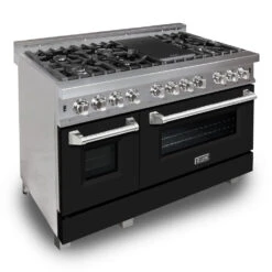 ZLINE 48 In. 6.0 Cu. Ft. Legacy Dual Fuel Range With 7 Burner Gas Cooktop And 2 Electric Ovens In Satin Stainless Steel And Black Matte Doors (RAS-BLM-48)(Zline 48 Legacy Dual Fuel Range Satin Stainless Steel Black Matte Ras Blm 48)