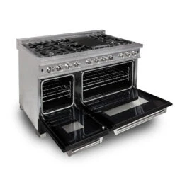 ZLINE 48 In. 6.0 Cu. Ft. Legacy Dual Fuel Range With 7 Burner Gas Cooktop And 2 Electric Ovens In Satin Stainless Steel And Black Matte Doors (RAS-BLM-48)(Zline 48 Legacy Dual Fuel Range Satin Stainless Steel Black Matte Ras Blm 48) -Induction Cooktop Store zline professional satin stainless steel black matte dual fuel range RAS BLM 48 oven
