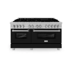 ZLINE 60 In. 7.4 Cu. Ft. Legacy Dual Fuel Range With 9 Burner Gas Cooktop And 2 Electric Convection Ovens In Satin Stainless Steel And Black Matte Doors (RAS-BLM-60)(Zline 60 Legacy Dual Fuel Range Satin Stainless Steel Black Matte Ras Blm 60) -Induction Cooktop Store zline professional satin stainless steel black matte dual fuel range RAS BLM 60 front