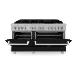 ZLINE 60 In. 7.4 Cu. Ft. Legacy Dual Fuel Range With 9 Burner Gas Cooktop And 2 Electric Convection Ovens In Satin Stainless Steel And Black Matte Doors (RAS-BLM-60)(Zline 60 Legacy Dual Fuel Range Satin Stainless Steel Black Matte Ras Blm 60) -Induction Cooktop Store zline professional satin stainless steel black matte dual fuel range RAS BLM 60 front half open