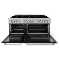 ZLINE 60 In. 7.4 Cu. Ft. Legacy Dual Fuel Range With 9 Burner Gas Cooktop And 2 Electric Convection Ovens In Satin Stainless Steel And Black Matte Doors (RAS-BLM-60)(Zline 60 Legacy Dual Fuel Range Satin Stainless Steel Black Matte Ras Blm 60) -Induction Cooktop Store zline professional satin stainless steel black matte dual fuel range RAS BLM 60 front open