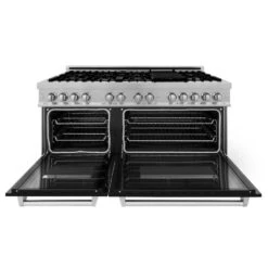 ZLINE 60 In. 7.4 Cu. Ft. Legacy Dual Fuel Range With 9 Burner Gas Cooktop And 2 Electric Convection Ovens In Satin Stainless Steel And Black Matte Doors (RAS-BLM-60)(Zline 60 Legacy Dual Fuel Range Satin Stainless Steel Black Matte Ras Blm 60) -Induction Cooktop Store zline professional satin stainless steel black matte dual fuel range RAS BLM 60 front opencopy