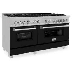 ZLINE 60 In. 7.4 Cu. Ft. Legacy Dual Fuel Range With 9 Burner Gas Cooktop And 2 Electric Convection Ovens In Satin Stainless Steel And Black Matte Doors (RAS-BLM-60)(Zline 60 Legacy Dual Fuel Range Satin Stainless Steel Black Matte Ras Blm 60)
