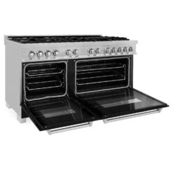 ZLINE 60 In. 7.4 Cu. Ft. Legacy Dual Fuel Range With 9 Burner Gas Cooktop And 2 Electric Convection Ovens In Satin Stainless Steel And Black Matte Doors (RAS-BLM-60)(Zline 60 Legacy Dual Fuel Range Satin Stainless Steel Black Matte Ras Blm 60) -Induction Cooktop Store zline professional satin stainless steel black matte dual fuel range RAS BLM 60 open