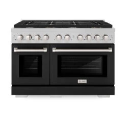 ZLINE 48 In. 6.7 Cu. Ft. Paramount Double Oven Dual Fuel Range With 8 Burner Gas Cooktop In Satin Stainless Steel With Black Matte Doors (SDRS-BLM-48)(Zline 48 Paramount Dual Fuel Range Satin Stainless Steel Black Matte Sdrs Blm 48) -Induction Cooktop Store zline professional satin stainless steel black matte dual fuel range SDRS BLM 48 front