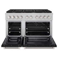 ZLINE 48 In. 6.7 Cu. Ft. Paramount Double Oven Dual Fuel Range With 8 Burner Gas Cooktop In Satin Stainless Steel With Black Matte Doors (SDRS-BLM-48)(Zline 48 Paramount Dual Fuel Range Satin Stainless Steel Black Matte Sdrs Blm 48) -Induction Cooktop Store zline professional satin stainless steel black matte dual fuel range SDRS BLM 48 front open