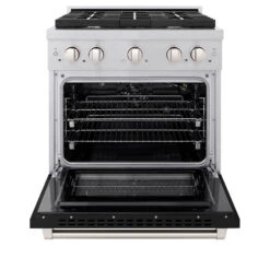 ZLINE 30 In. 4.2 Cu. Ft. Paramount Gas Range With 4 Burner Cooktop And Convection Gas Oven In Satin Stainless Steel With Black Matte Door (SGRS-BLM-30)(Zline 30 Paramount Gas Range Satin Stainless Steel Black Matte Sgrs Blm 30) -Induction Cooktop Store zline professional satin stainless steel black matte gas range SGRS BLM 30 front open