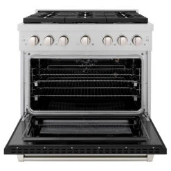 ZLINE 36 In. 5.2 Cu. Ft. Paramount Gas Range With 6 Burner Cooktop And Convection Gas Oven In Satin Stainless Steel With Black Matte Door (SGRS-BLM-36)(Zline 36 Paramount Gas Range Satin Stainless Steel Black Matte Sgrs Blm 36) -Induction Cooktop Store zline professional satin stainless steel black matte gas range SGRS BLM 36 front open