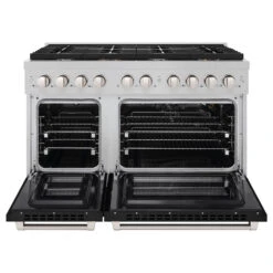 ZLINE 48 In. 6.7 Cu. Ft. Paramount Double Oven Gas Range With 8 Burner Cooktop In Satin Stainless Steel With Black Matte Doors (SGRS-BLM-48)(Zline 48 Paramount Gas Range Satin Stainless Steel Black Matte Sgrs Blm 48) -Induction Cooktop Store zline professional satin stainless steel black matte gas range SGRS BLM 48 front open