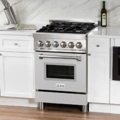 ZLINE 24 In. 2.8 Cu. Ft. Legacy Dual Fuel Range With 4 Burner Gas Cooktop And Electric Convection Oven In Stainless Steel With Satin Stainless Steel Door (RA-SN-24)(Zline 24 Legacy Dual Fuel Range Stainless Steel Satin Stainless Steel Ra Sn 24) -Induction Cooktop Store zline professional satin stainless steel dual fuel range RA SN 24 side right white kitchen 0856ccfe 63d5 4379 b6b4 0cc099a959df