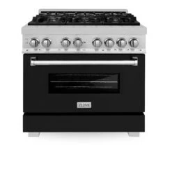 ZLINE 36 In. 4.6 Cu. Ft. Legacy Dual Fuel Range With 6 Burner Gas Cooktop And Electric Convection Oven In Satin Stainless Steel And Black Matte Door (RAS-BLM-36)(Zline 36 Legacy Dual Fuel Range Satin Stainless Steel Black Matte Ras Blm 36) -Induction Cooktop Store zline professional satin stainless steel dual fuel range RAS BLM 36 front