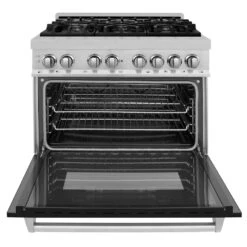 ZLINE 36 In. 4.6 Cu. Ft. Legacy Dual Fuel Range With 6 Burner Gas Cooktop And Electric Convection Oven In Satin Stainless Steel And Black Matte Door (RAS-BLM-36)(Zline 36 Legacy Dual Fuel Range Satin Stainless Steel Black Matte Ras Blm 36) -Induction Cooktop Store zline professional satin stainless steel dual fuel range RAS BLM 36 front open